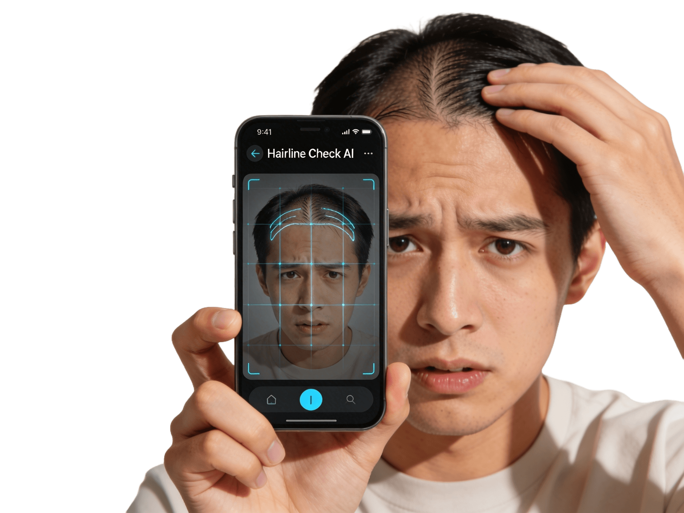 Man checking his hairline with the HairlineCheck AI app