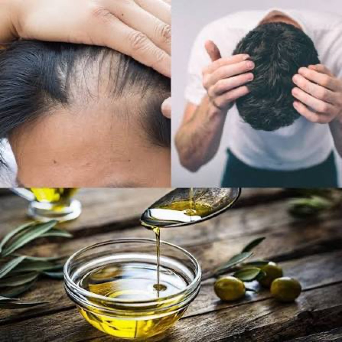 Applying olive oil to hair and scalp, and pouring olive oil for a hair treatment